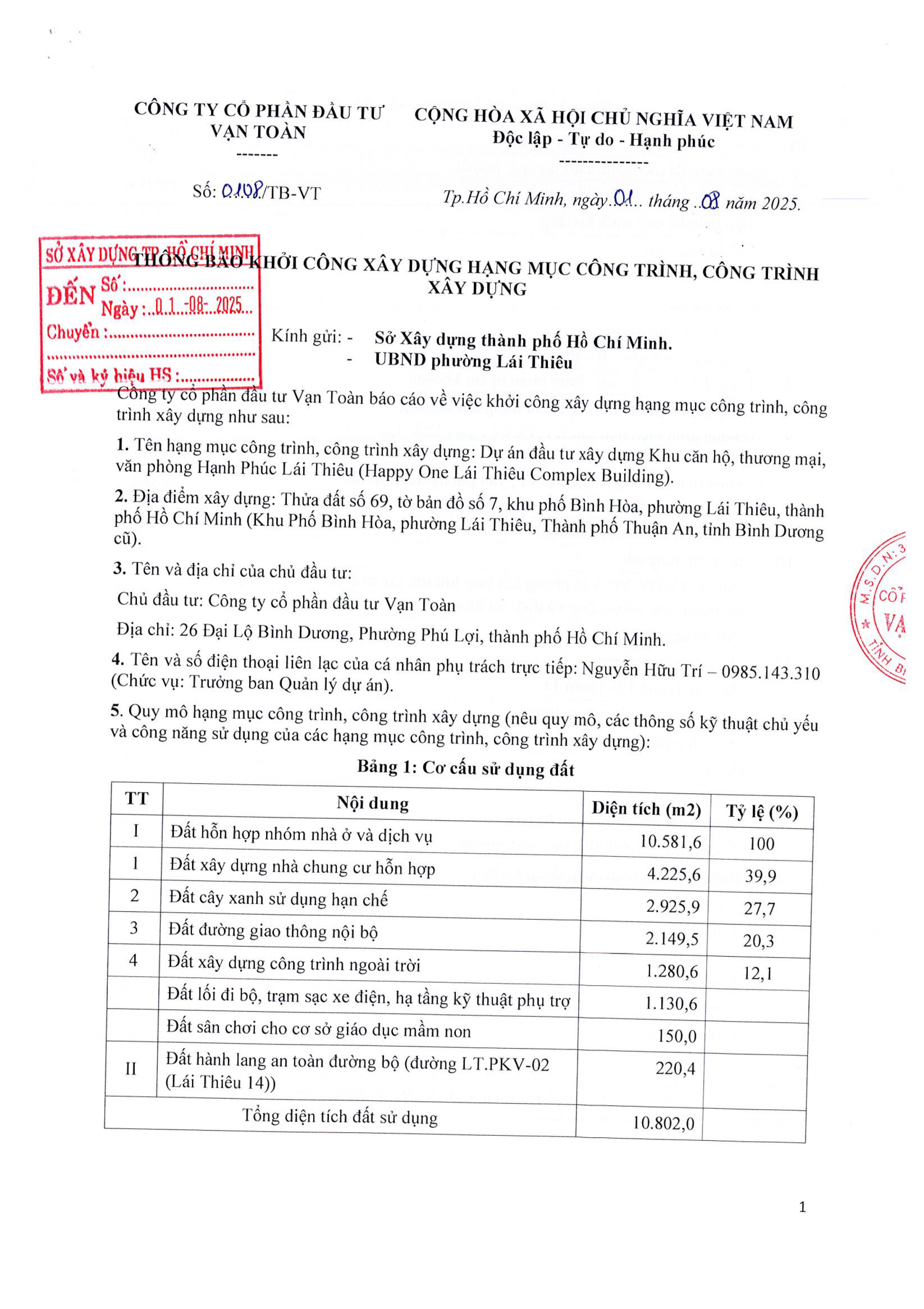 Thông báo khởi công Thông báo số 0108/TB-VT ngày 01/08/2025 