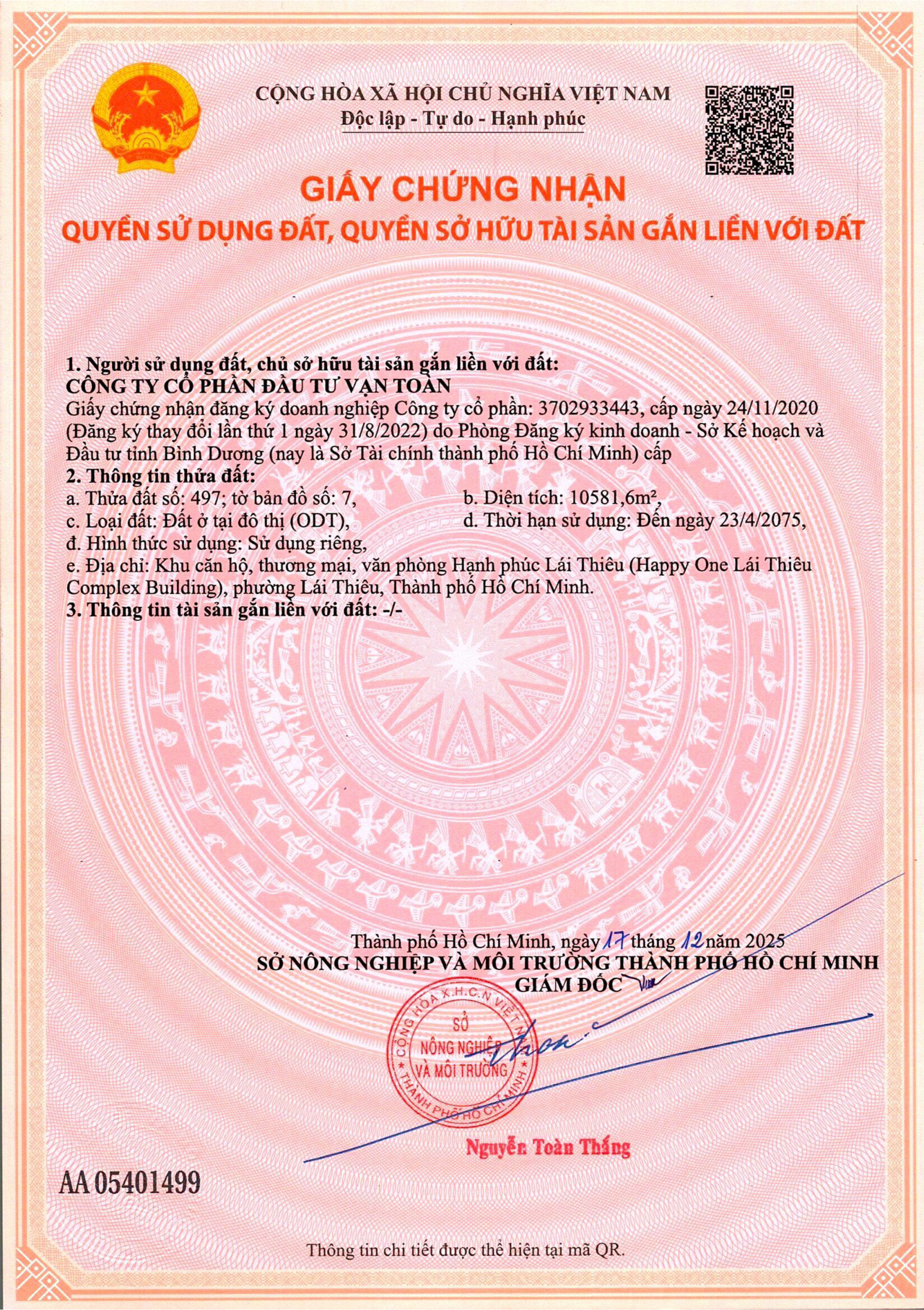 Giấy chứng nhận quyền sử dụng đất, quyền sở hữu tài sản gắn liền với đất số AA05401499