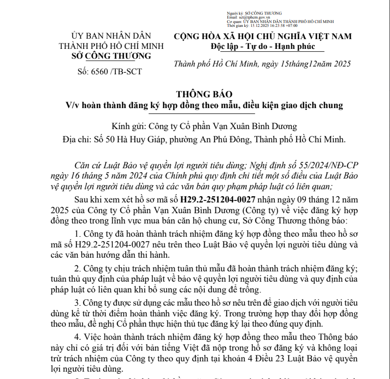 Thông báo hoàn thành đăng ký Hợp đồng mẫu