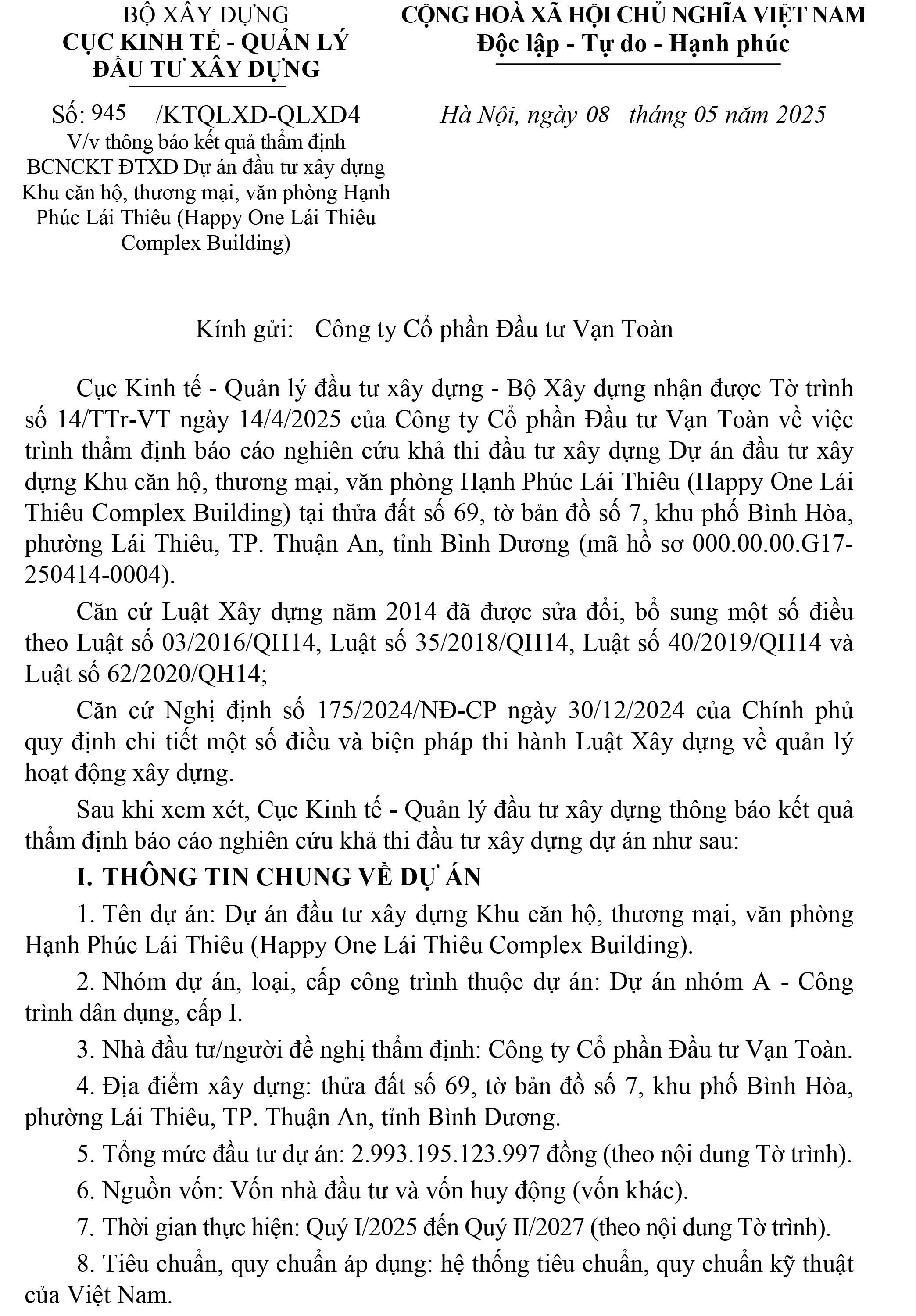 Thông báo kết quả thẩm định BCNCKTĐTXD dự án 