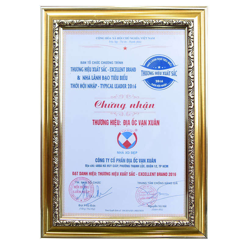 Thương hiệu Công Ty Cổ Phần Địa Ốc Vạn Xuân đạt danh hiệu: Thương Hiệu Xuất Sắc - Excellent Brand 2016