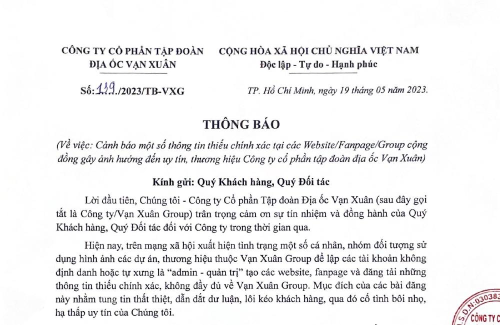 CẢNH BÁO THÔNG TIN THIẾU CHÍNH XÁC ẢNH HƯỞNG UY TÍN VẠN XUÂN GROUP