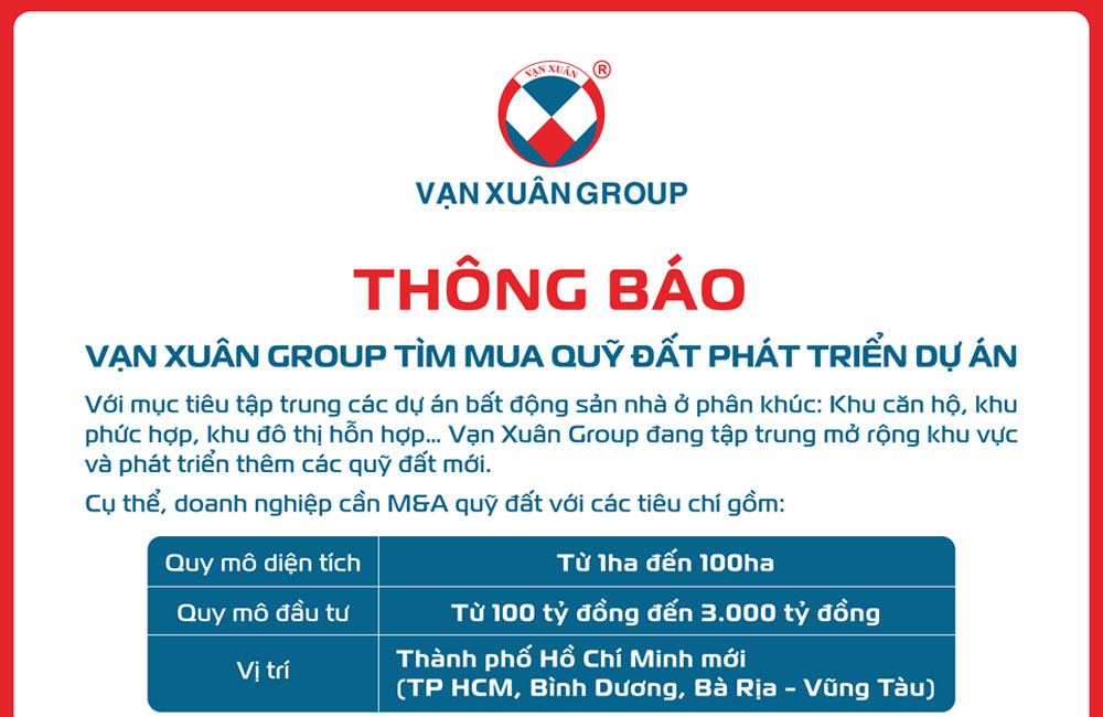 THÔNG BÁO VẠN XUÂN GROUP TÌM MUA QUỸ ĐẤT PHÁT TRIỂN DỰ ÁN 