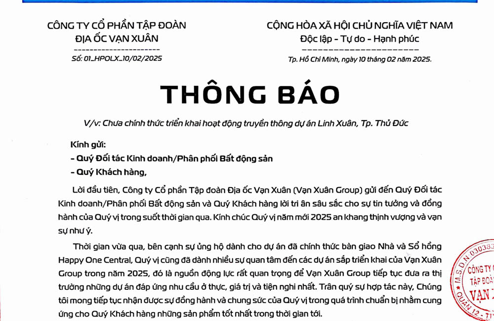 Thông báo v/v chưa chính thức triển khai hoạt động truyền thông dự án Linh Xuân, Tp. Thủ Đức