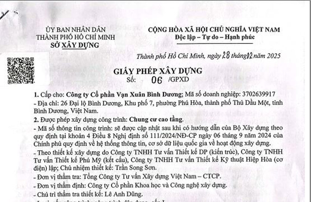 GIẤY PHÉP XÂY DỰNG DỰ ÁN CHUNG CƯ CAO TẦNG VẠN XUÂN THỦ ĐỨC
