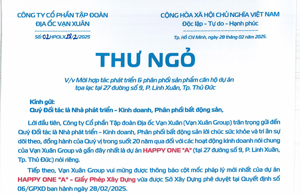 THƯ NGỎ MỜI HỢP TÁC PHÁT TRIỂN & PHÂN PHỐI SẢN PHẨM